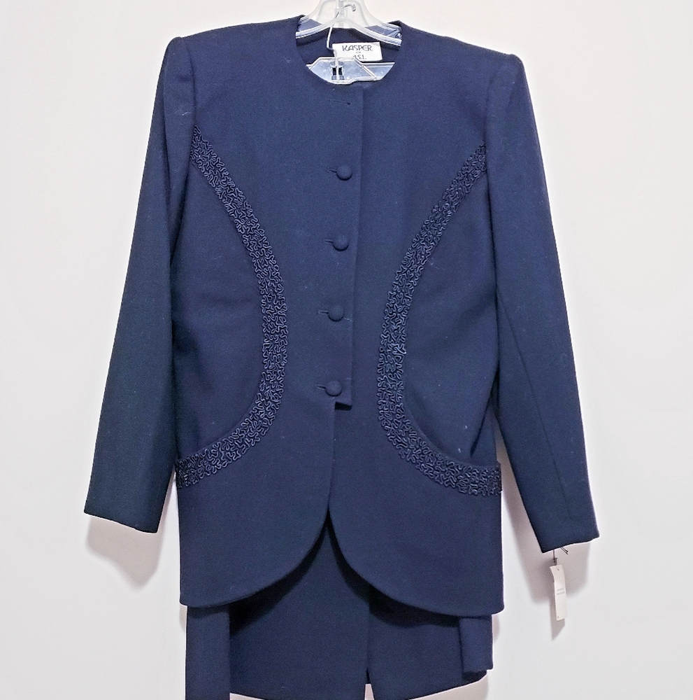 Vintage Kasper ASL Pure Wool Skirt Suit Black 90s Embroidered NEW Size 14 90s